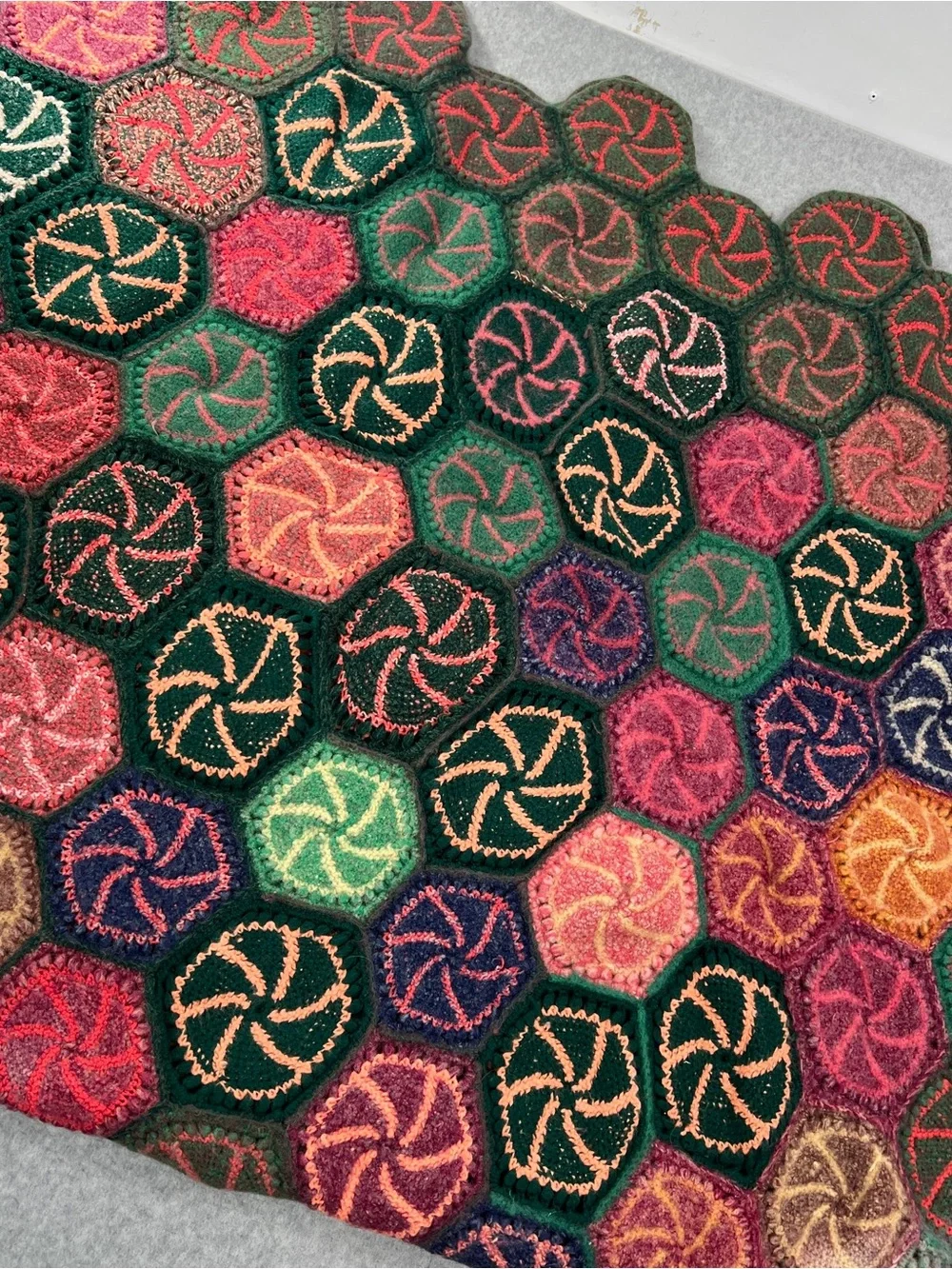 Handmade Multicolor Hexagon Crochet Throw - Green & Pink Accents candy swirl